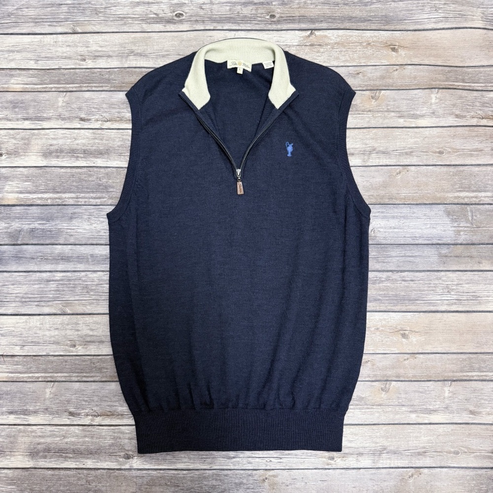 Peter Millar Navy Blue Ivory Merino Wool 1/4 Zip Neck Knit Pitcher Logo Vest L